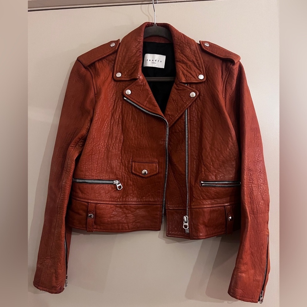 Sandro Cognac Leather Biker Jacket